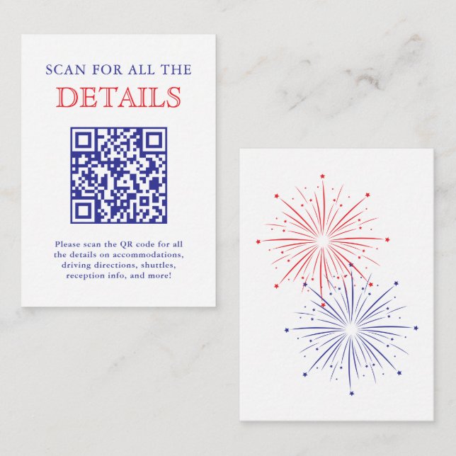 Elegant Patriotic Fireworks Wedding Detail QR Code Enclosure Card (Front/Back)