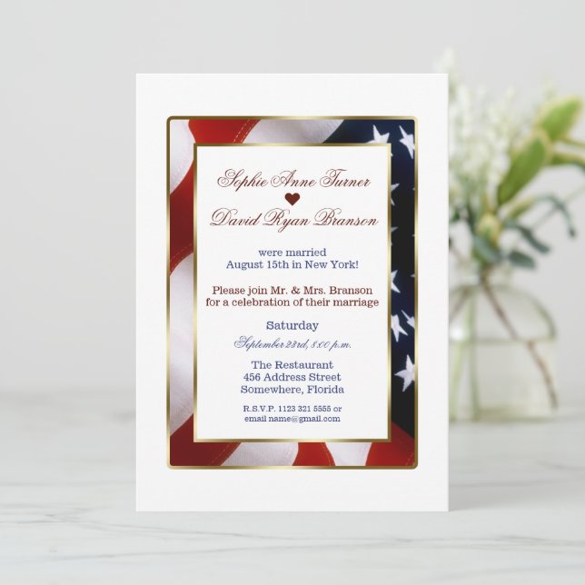 Elegant Patriotic Gold USA Flag Evening Wedding Invitation (Standing Front)