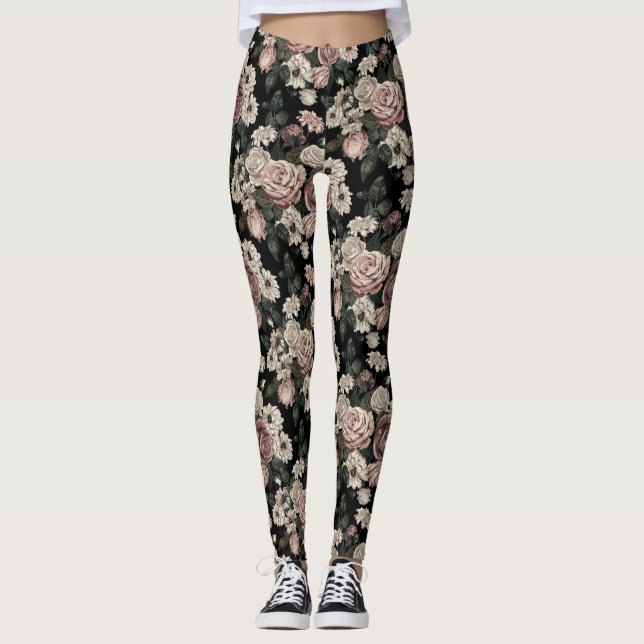 Elegant Pattern Blush Rustic Flowers Floral garden Leggings (Front)