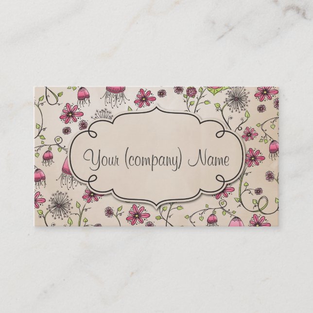 Elegant pattern flowers pink/beige business card (Front)