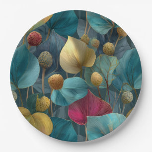 Elegant Pattern of Stylized Teal and Gold Leaves Paper Plate
