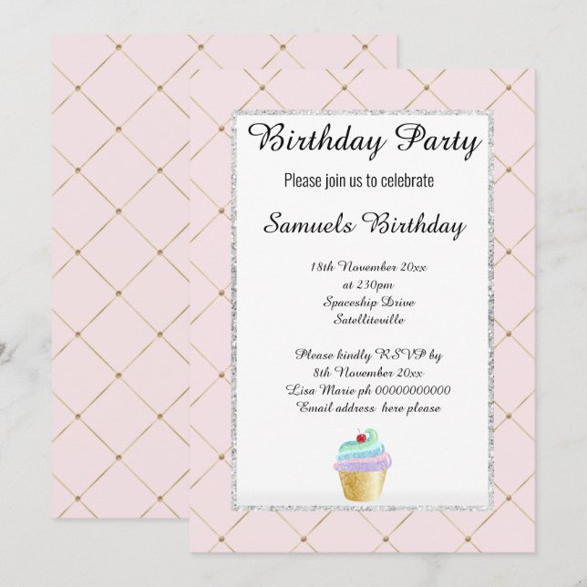 Elegant Pattern Pink Cupcake Design Birthday Invitation (Front/Back)