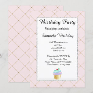 Elegant Pattern Pink Cupcake Design Birthday Invitation