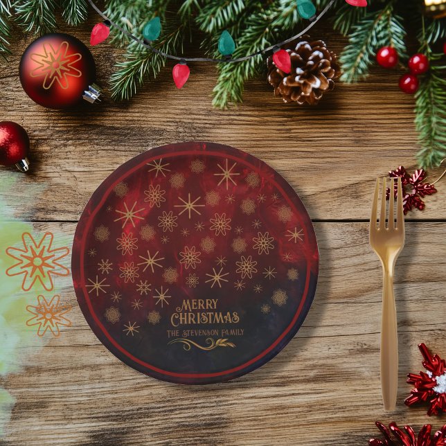 Elegant Pattern RED GOLD Merry Christmas Paper Plate (Elegant Pattern RED GOLD Merry Christmas Paper Plates)