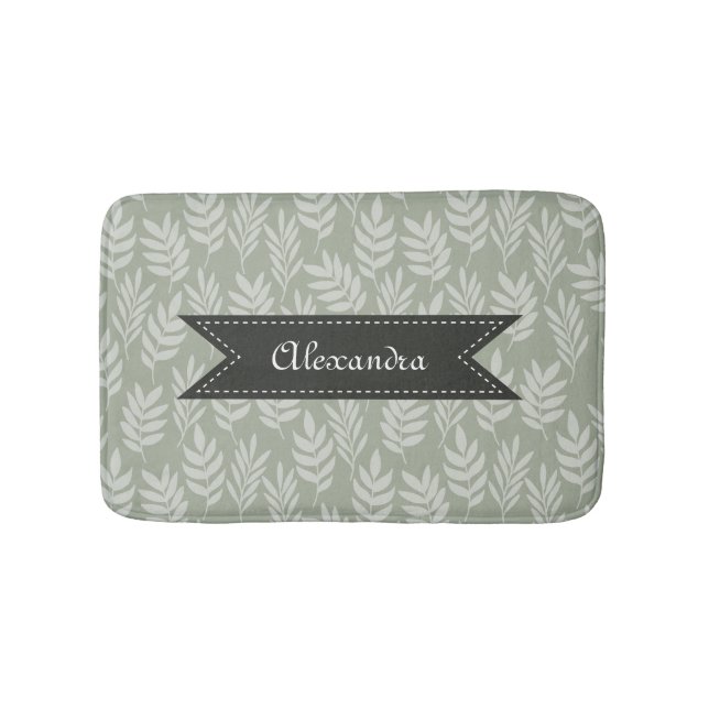 Elegant Pattern Sage Green Leaves With Her Name Bath Mat (Front)