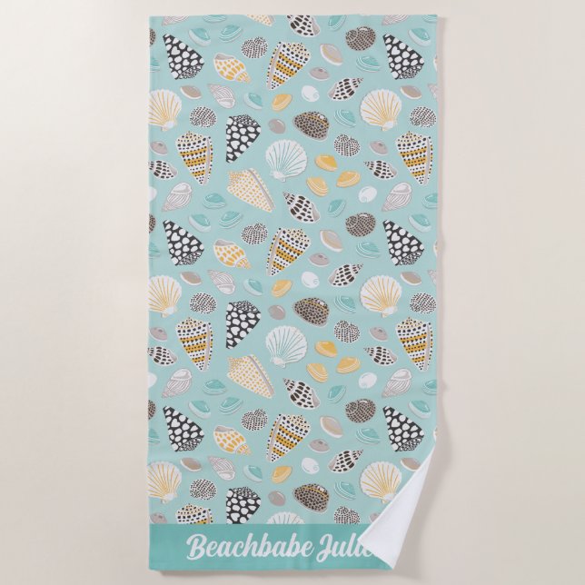 Elegant patterned Seashells on mint Beach Towel (Front)
