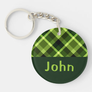 Elegant Pea Green Plaid Monogram Circle Keychain