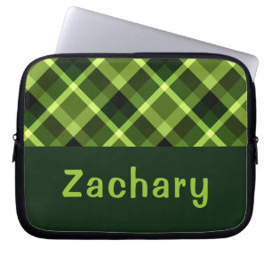 Elegant Pea Green Plaid Monogram Laptop Sleeve