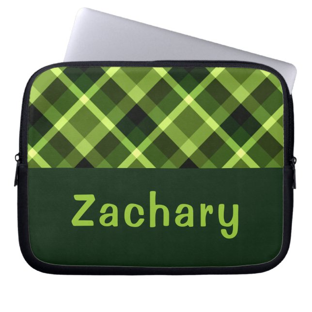 Elegant Pea Green Plaid Monogram Laptop Sleeve (Front)