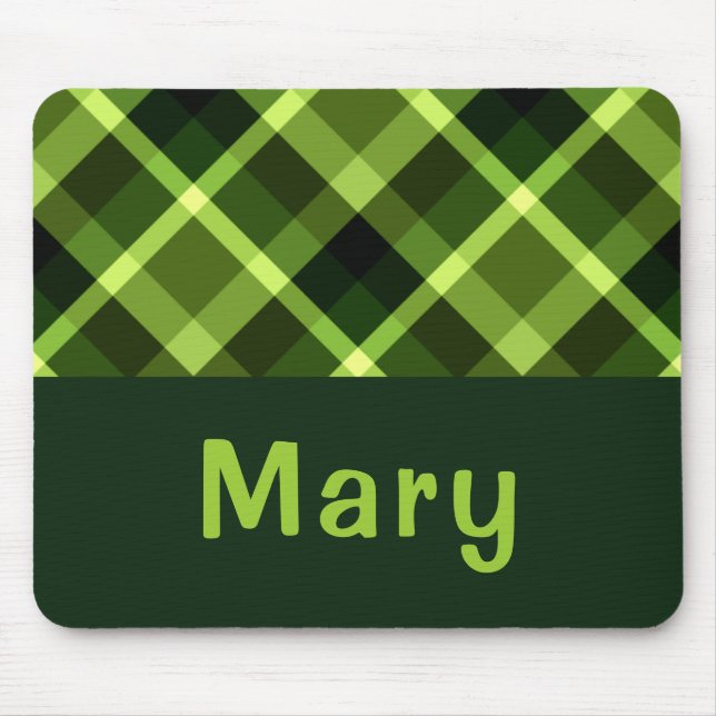Elegant Pea Green Plaid Monogram Mousepad (Front)