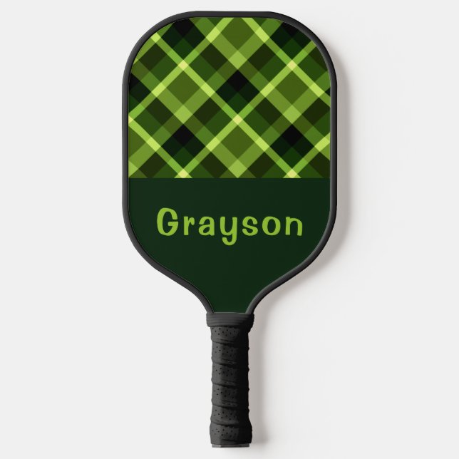 Elegant Pea Green Plaid Monogram Pickleball Paddle (Front)