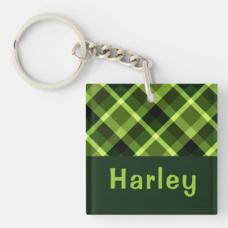 Elegant Pea Green Plaid Monogram Square Keychain