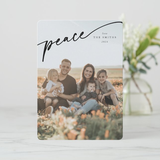 Elegant 'Peace' Black Typographic Script Holiday Card (Standing Front)