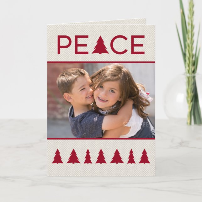 Elegant Peace Burgundy Trees on Beige Canvas Photo Holiday Card (Front)