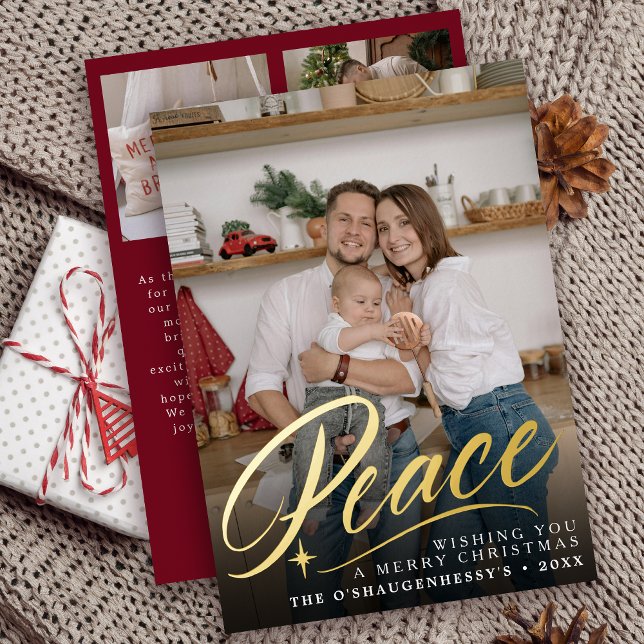 Elegant Peace Christmas Full Photo Foil Holiday Card (Creator Uploaded)
