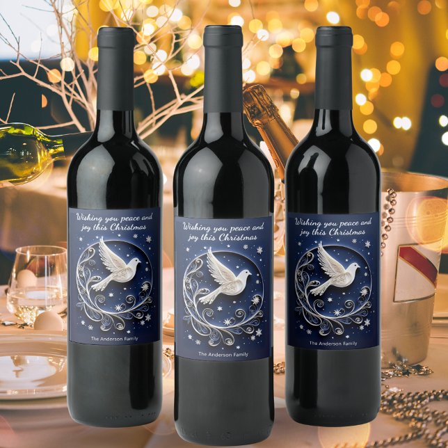 Elegant Peace Dove Faux Papercraft Chic Christmas Wine Label (Personalized Christmas wine bottle labels with dove of peace design in dark blue and white)