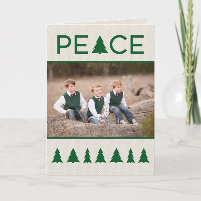 Elegant Peace Green Trees on Beige Canvas 2 Photos Holiday Card (Front)