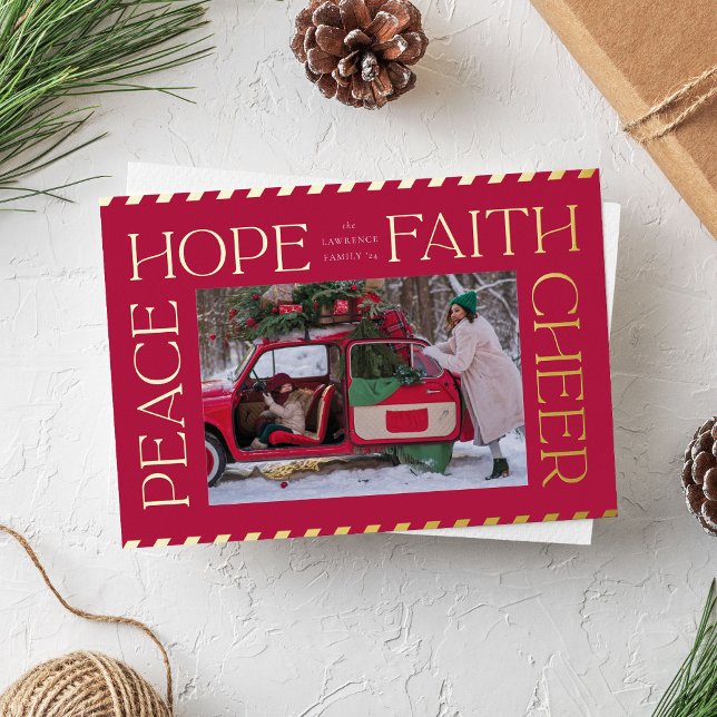 Elegant Peace Hope Faith Cheer Christmas Photo Foil Holiday Card (Red and gold foil Christmas photo card with elegant typography)