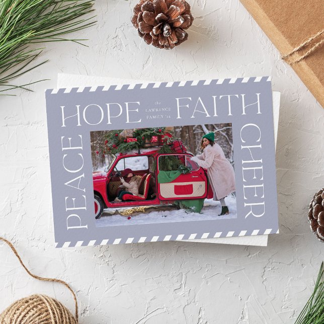 Elegant Peace Hope Faith Cheer Christmas Photo Holiday Card (Blue-grey Christmas photo card with elegant typography, peace, hope, faith and cheer)