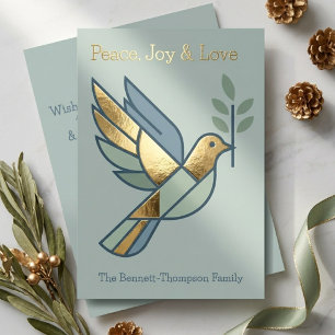 Elegant Peace Joy and Love Graphic Dove Sage Gold Foil Holiday Card