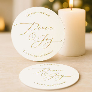 Elegant Peace & Joy Gold Script Christmas Round Paper Coaster