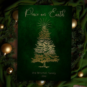 Elegant Peace on Earth Gold Script and Tree Holiday Card