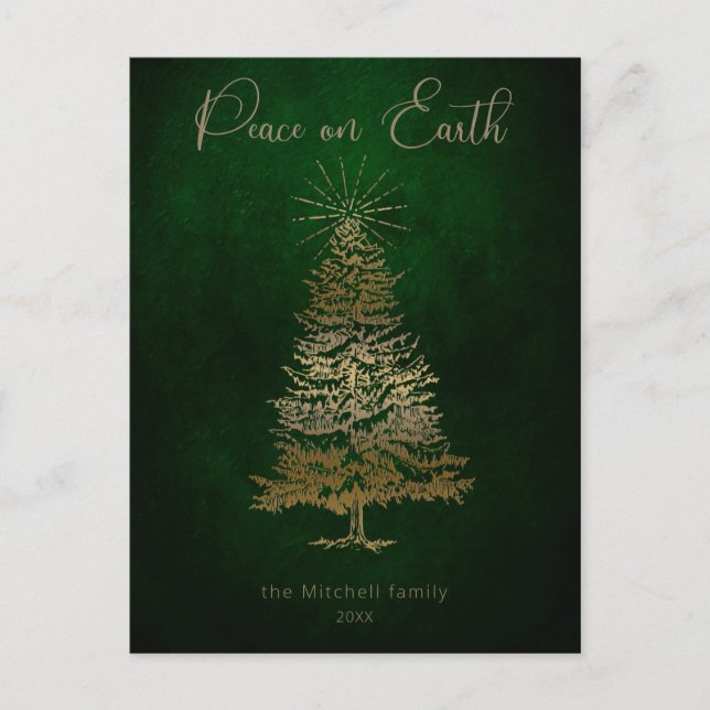 Elegant Peace on Earth Gold Script and Tree Postcard (Front)