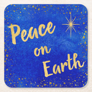 Elegant Peace On Earth Gold Stars Christmas Square Paper Coaster