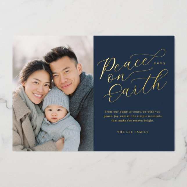 Elegant Peace on Earth Photo Foil Holiday Card (Front)