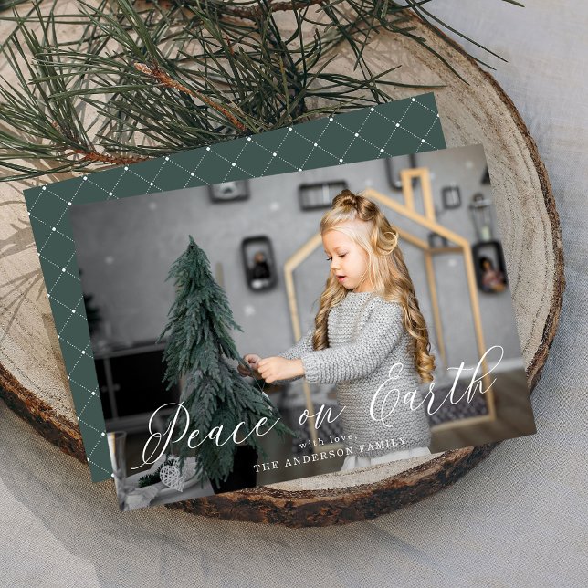 Elegant Peace on Earth Script Dark Sage Photo Holiday Card (Creator Uploaded)