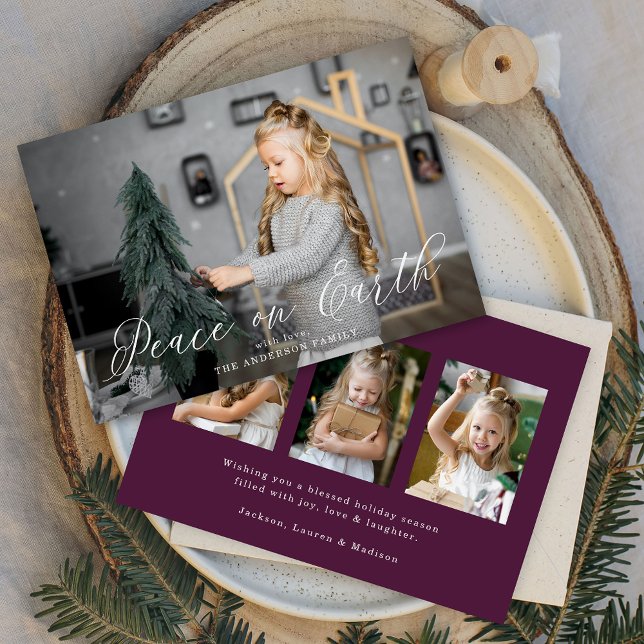Elegant Peace on Earth Script Purple 4 Photo Holiday Card (Creator Uploaded)