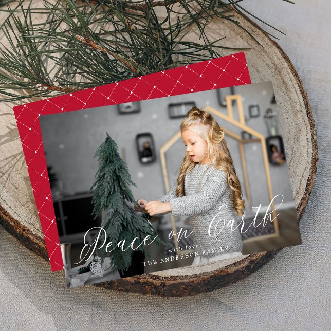 Elegant Peace on Earth Script Red Photo Holiday Card (Creator Uploaded)