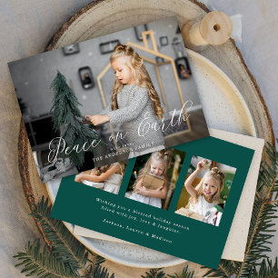 Elegant Peace On Earth Script Spruce Green 4 Photo Holiday Card