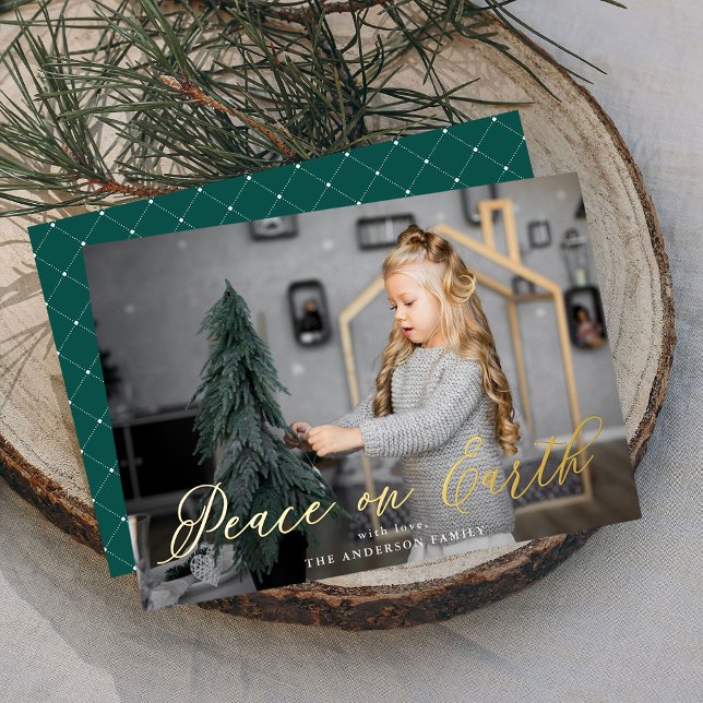 Elegant Peace on Earth Script Spruce Green Photo Foil Holiday Card (Creator Uploaded)
