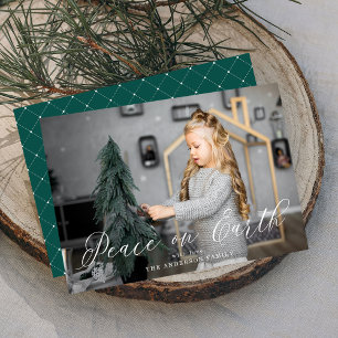 Elegant Peace On Earth Script Spruce Green Photo Holiday Card