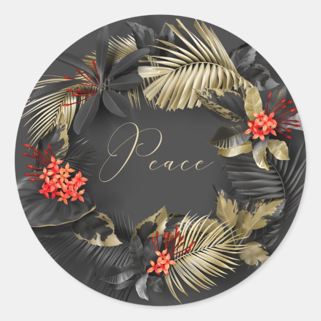 Elegant Peace Red and Gold Tropical Foliage Classic Round Sticker (Front)
