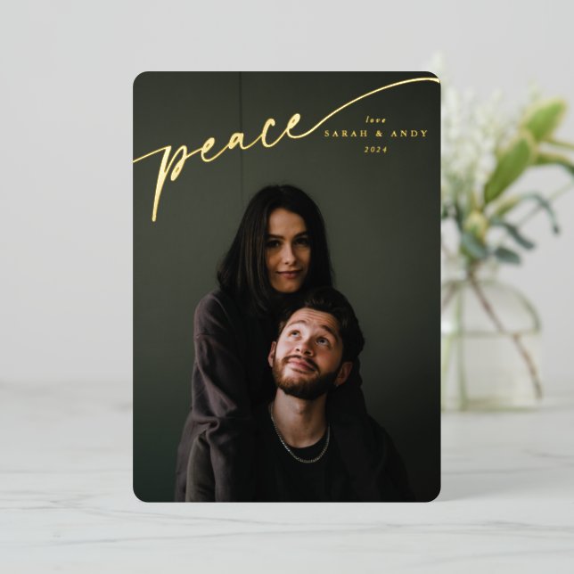 Elegant 'Peace' Typographic Script Foil Holiday Card (Standing Front)