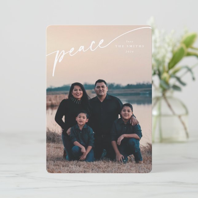 Elegant 'Peace' White Typographic Script Holiday Card (Standing Front)