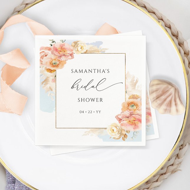 Elegant Peach and Blue Floral Bridal Shower Napkin (Creator Uploaded)