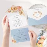 Elegant Peach and Blue Floral Wedding with RSVP Al All In One Invitation<br><div class="desc">Elegant All- in- One tri- fold wedding invitation with perforated RSVP postcard. Design with delicate watercolor floral cascading down showcasing your wedding details in a beautiful blend of flowers peach, orange, dusty coral, blush, cream and champagne hues. RSVP in attractive watercolor wash background in blue tones. Modern hand written calligraphy...</div>