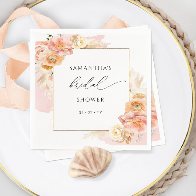 Elegant Peach and Blush Pink Floral Bridal Shower Napkin (Creator Uploaded)