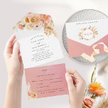 Elegant Peach and Coral Floral Wedding with RSVP A All In One Invitation<br><div class="desc">Elegant All- in- One tri- fold wedding invitation with perforated RSVP postcard. Design with delicate watercolor floral cascading down showcasing your wedding details in a beautiful blend of flowers peach, orange, dusty coral, blush pink, cream and champagne hues. RSVP in attractive watercolor wash background in coral rose gold tones. Modern...</div>