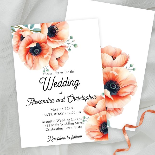 Elegant Peach and Coral Poppy Floral Wedding Invitation (Creator Uploaded)