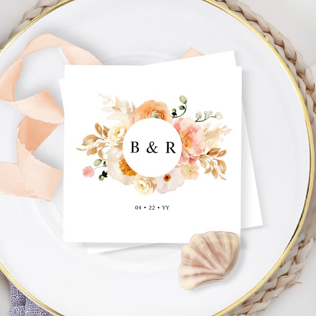 Elegant Peach and Cream Floral Monogram Wedding Napkin (Creator Uploaded)