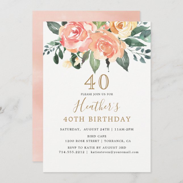 Elegant Peach and Gold Floral 40th Birthday Invitation (Front/Back)