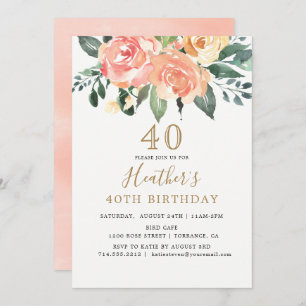 Elegant Peach and Gold Floral 40th Birthday Invitation
