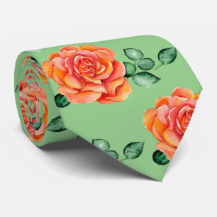 Elegant Peach and Green Floral Watercolor Roses Tie
