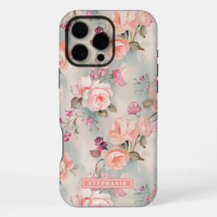 Elegant Peach and Pink Floral Name iPhone 16 Pro Max Case