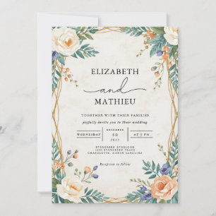 Elegant Peach and Teal Botanical Floral Wedding Invitation