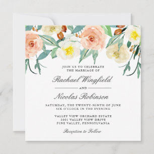 Elegant Peach and White Watercolor Floral Wedding Invitation